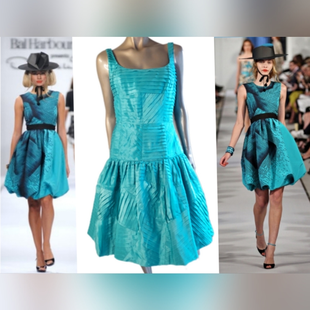 $3,290 OSCAR DE LA RENTA PICASSO SILK OCEAN BLUE PLEADED RUNWAY DRESS 12